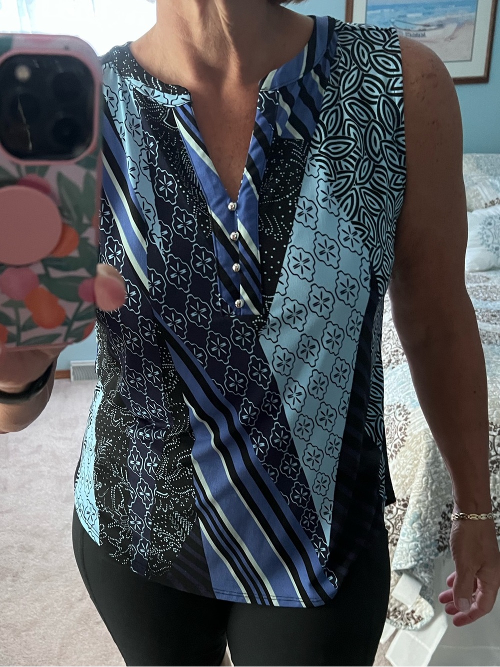 Dana Buchman Blue and Black Sleeveless Patchwork Print V-Neck Top